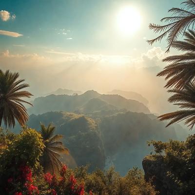 The primary subject of the image is a beautiful mountain landscape with a sunset in the background. The setting is a lush green hillside with a forest of palm trees, creating a serene and picturesque scene. The visual style of the image is a photo, capturing the natural beauty of the landscape. The colors and mood of the image are warm and inviting, with the sunset casting a golden glow over the landscape and the palm trees adding a touch of tropical charm.